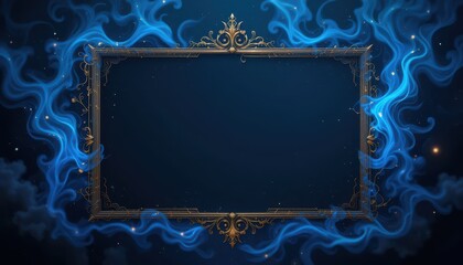 Wall Mural - Ornate Golden Frame Enveloped in Blue Mystic Smoke