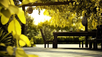 Wall Mural - outdoor patio setting beneath a vibrant canopy of foliage.