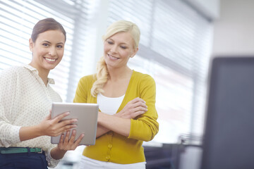 Leinwandbilder - Women, working or leadership in office with tablet, together with technology for web design business. Female manager, mentor or coaching colleague with ebook, problem solving and support with web