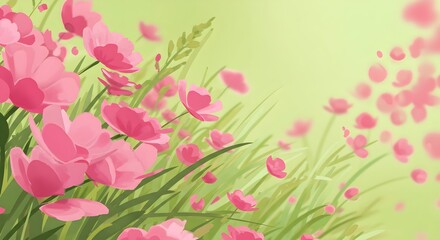  Delicate pink flowers sway gently in a soft green meadow. A vibrant spring scene.
