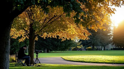 Wall Mural - autumnal park scene with person and tree canopy.