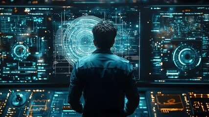 Visionary leader standing before a digital wall displaying a cutting edge tech blueprint