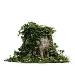 ivy-covered tree stump in lush grass, isolated on white transparent background