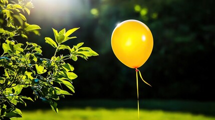 Wall Mural - sunny day scene with vibrant yellow balloon and lush greenery.