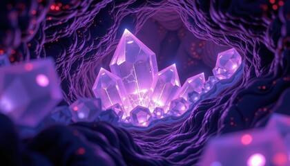 Wall Mural - Captivating View of Glowing Purple Crystals in a Deep Abstract Cave Environment