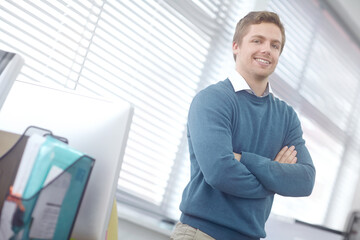 Aufkleber - Happy, portrait and businessman with arms crossed in office for career and project management. Male designer, pride and smile in creative agency or company for proposal and startup in New York