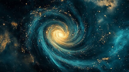 Wall Mural - Stunning spiral galaxy cosmic nebula with golden center deep space sky art teal blue dark stars night