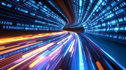 abstract digital tunnel with bright neon lights and data streams fast blur blue code speed cyber