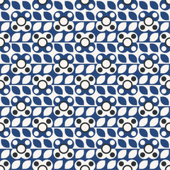 Poster - repeating geometric pattern featuring stylized flowers and leaves. The color palette is limited to blue, white, and black. The flowers have a white center surrounded by black dots, with blue petals.