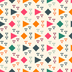 Poster - Geometric pattern with triangles and diamonds in various colors including pink, orange, green, and dark blue. Each shape is accompanied by a cluster of smaller triangles in a complementary color.