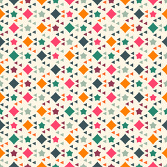 Aufkleber - Pattern consists of diamonds, stars, and triangles in various colors, including pink, orange, green, and navy. These shapes are arranged in a repeating pattern against a light beige background.
