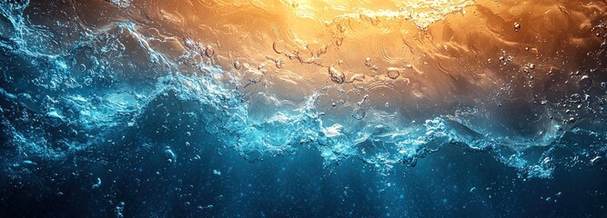 Wall Mural - underwater view of turbulent water surface with glowing golden light and rising air bubbles in deep 