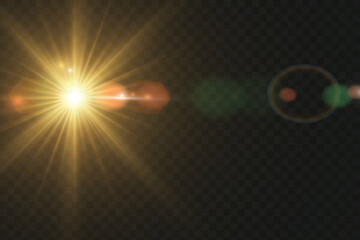 Poster - Light star gold PNG shines with bright sun intensity. Solar rays flicker vividly with soft transition glow. Cosmic sparkle burst creates dreamy abstract celebration style. Transparent sunlight flare