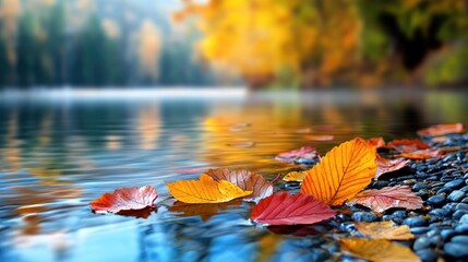 Wall Mural - Autumn leaves float lazily across a glassy river, their vibrant colors reflected in the water's stillness.