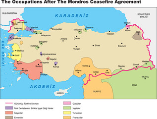 the occupations after the mondros ceasefire agreement turkish history map. ottoman, turkey map. vect