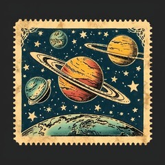 Wall Mural - vintage postage stamp with space astronomy universe planet.
