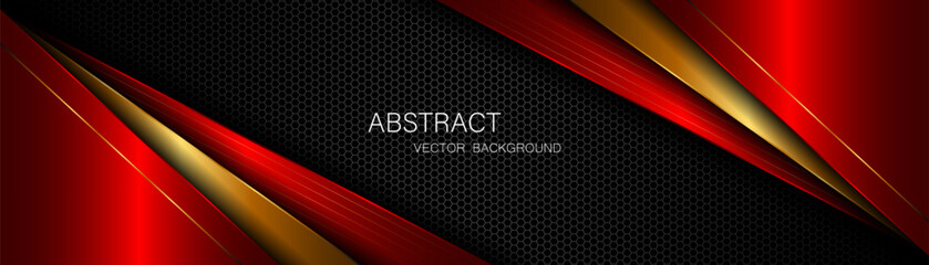 Aufkleber - abstract red and gold polygon with golden lines on dark steel mesh background with empty space for d