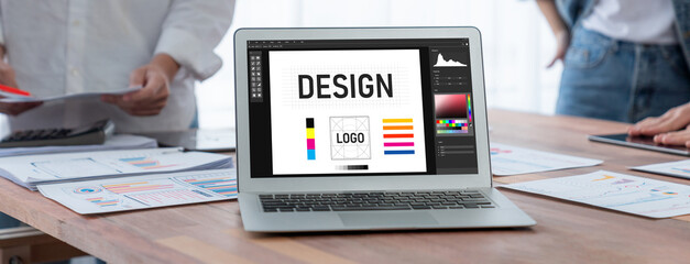 Poster - Graphic designer software for modern design of web page and commercial brisk ads showing on the computer screen