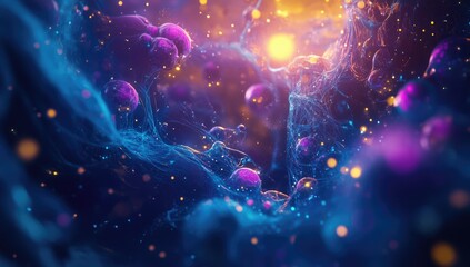 abstract swirling nebula of vibrant colors. a cosmic, fluid-like space, filled with glowing orbs and