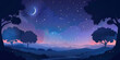 © Zain - Serene night landscape featuring crescent moon twinkling stars and silhouetted trees against gradient twilight sky