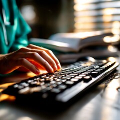 Fototapete - Close-up of doctor or healthcare professional typing on a keyboard, illuminated by window light, conveying efficiency and modern medical office