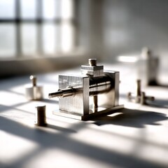 Fototapete - Precision Crafted: A Macro View of a Shiny Metal Machine on a Table in Bright Light.
