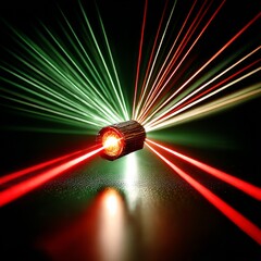 Poster - Red and Green Laser Burst: A vibrant display of focused light emanating from a central source on a dark surface.