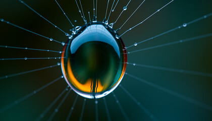 Refractive Water Drop on Spiderweb with Reflected Colors and Surface Tension