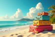 © Yaroslava - vibrant colorful luggage stacked sunlit tropical beach blue sky soft sand, holiday, travel, bags, summer, relaxation, coastal, exotic, shore, scenery