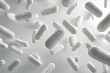 Aufkleber - Dynamic Scattering of White Pills in Motion Against a Sterile Background Creating a Visual Display of Pharmaceutical Elements Generative AI