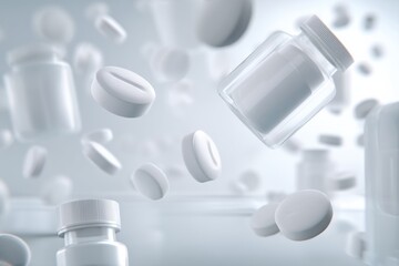 Poster - Floating Pills and Bottles Create a Clean and Sterile Pharmacy Atmosphere in a Bright White Background Generative AI