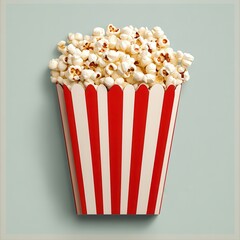Fototapete - A container, striped in bright red and white, overflows with fluffy white popcorn. Classic cinema snack for film enjoyment.