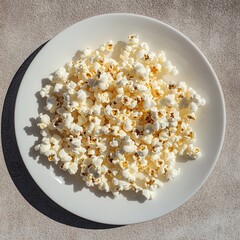 Poster - Top-down view of popcorn on a white plate, light casting shadows. A perfect snack for movies, games, or casual eating