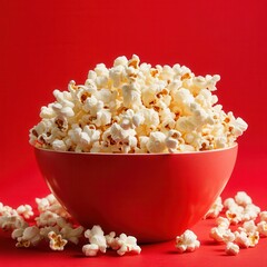 Fototapete - Bowl overflowing with fluffy popcorn on a vibrant red backdrop, perfect for a movie night snack or a festive occasion.