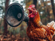 © Miomira - Surreal image of a chicken appearing to shout into a megaphone in a forest setting