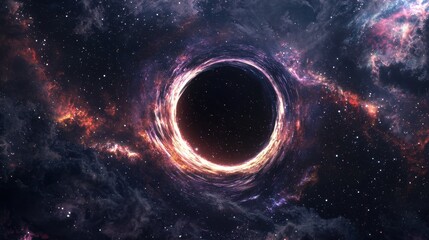 Wall Mural - a massive black hole sits at the center, with swirling cosmic clouds of various colors surrounding i