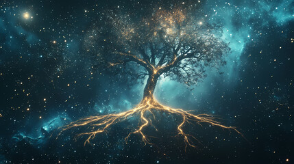 Wall Mural - A celestial tree of glowing nebula roots stretches across space, its branches pulsing with stardust. [Temporal Gardens] | Celestial Roots | star origin. Illustration