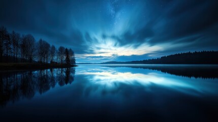 Wall Mural - At twilight, a tranquil lake mirrors the vibrant blue sky, adorned with soft clouds. Dark silhouettes of trees line the shore, creating a peaceful and serene atmosphere