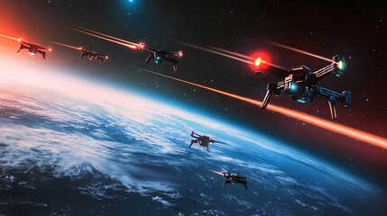 Wall Mural - a futuristic drone fleet engaging in space combat above a vibrant planet, digital art of space battl