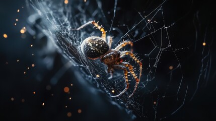Close-up view of a spider on its intricate web at night.