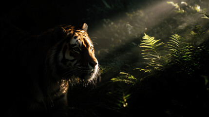 Wall Mural - Majestic panthera tigris move through a sunbeam lit jungle.