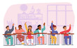 © Anna Syvak - Children student characters raising hands up while sitting in classroom at school cartoon scene
