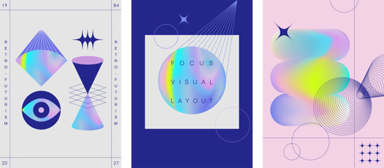 modern digital art posters with abstract geometric holographic gradient shapes