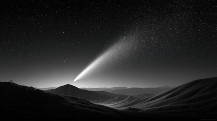 a comet streaks across a starry sky above a mountain landscape in this dramatic black and white scen
