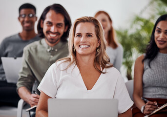 Aufkleber - Business woman, conference and laptop in crowd, boardroom and listen for training, development and speech. People, workshop and audience for diversity, group or thinking with smile at startup company
