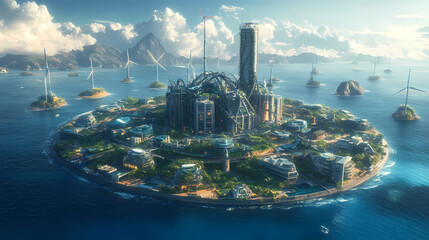 Wall Mural - aerial view of a massive offshore wind farm at sun. [graviton cities] | helix towerism | twisted ris