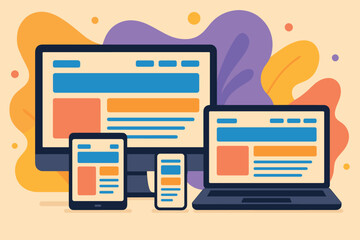 Vector illustration of responsive website layouts on various digital devices with abstract background shapes. UI/UX design and web development presentation in vibrant flat style.