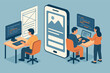 © Александр Михайлюк - Vector illustration in isometric style of mobile app development process with developers coding, wireframes, and app testing stations. Tech startup environment