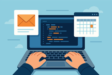 Wall Mural - vector illustration of multitasking on laptop with coding screen, email, and calendar popup