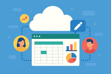 Wall Mural - vector illustration of cloud collaboration tools with shared spreadsheet, charts, and real-time edit